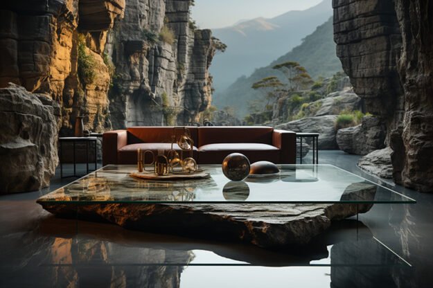 Natural Stone and Wood Table: