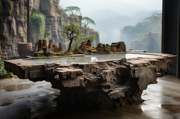 Natural Stone and Wood Table -